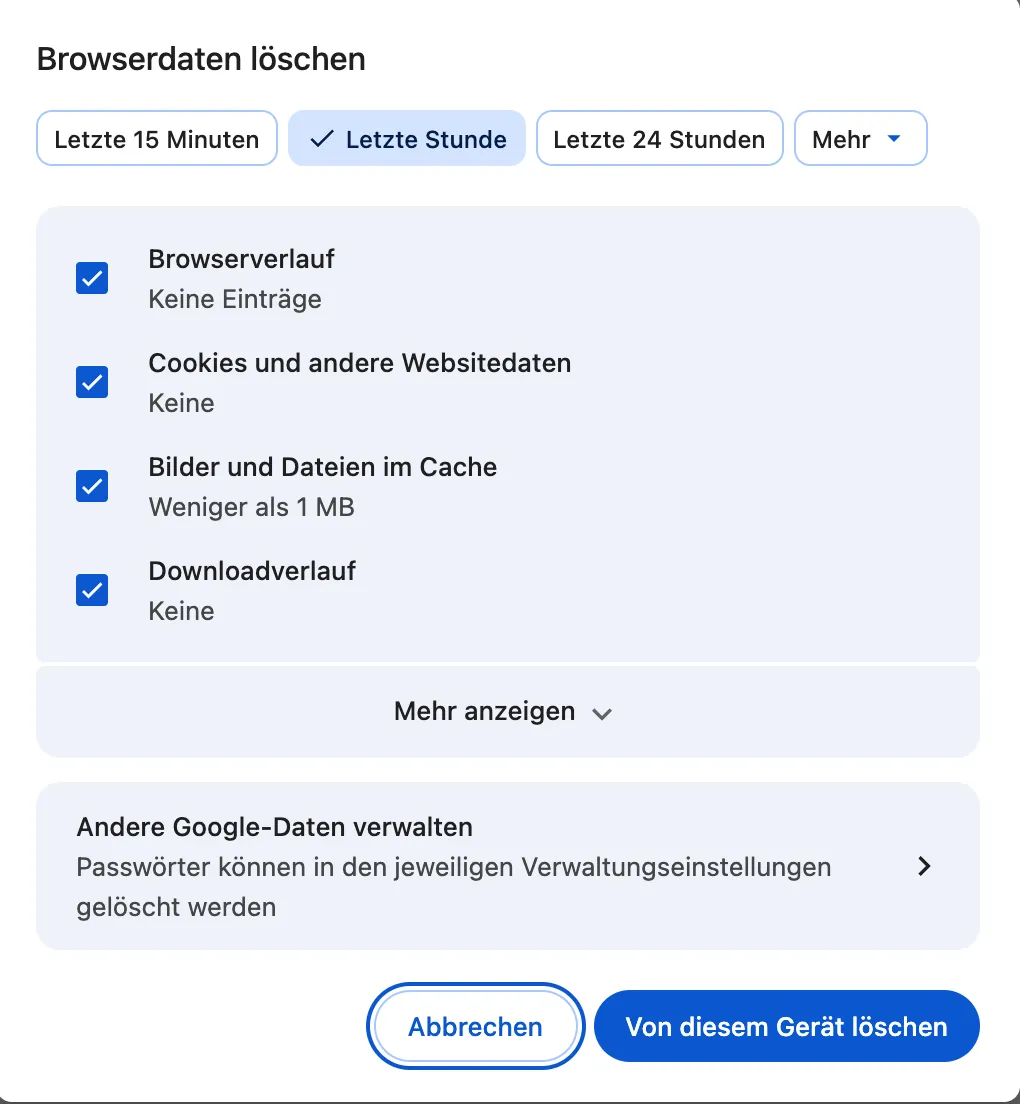 Chrome-Dialog „Browserdaten löschen“ mit ausgewählter Option „Bilder und Dateien im Cache“