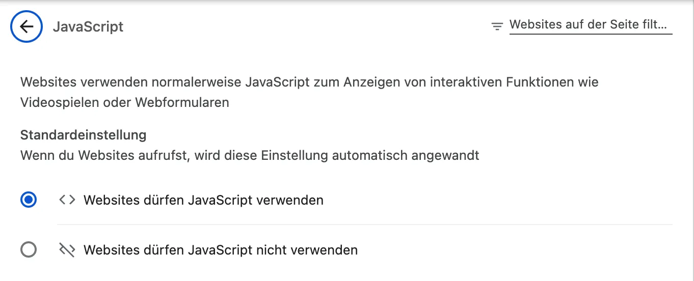 Chrome-Einstellungen, JavaScript: „Websites dürfen JavaScript verwenden“ ist ausgewählt