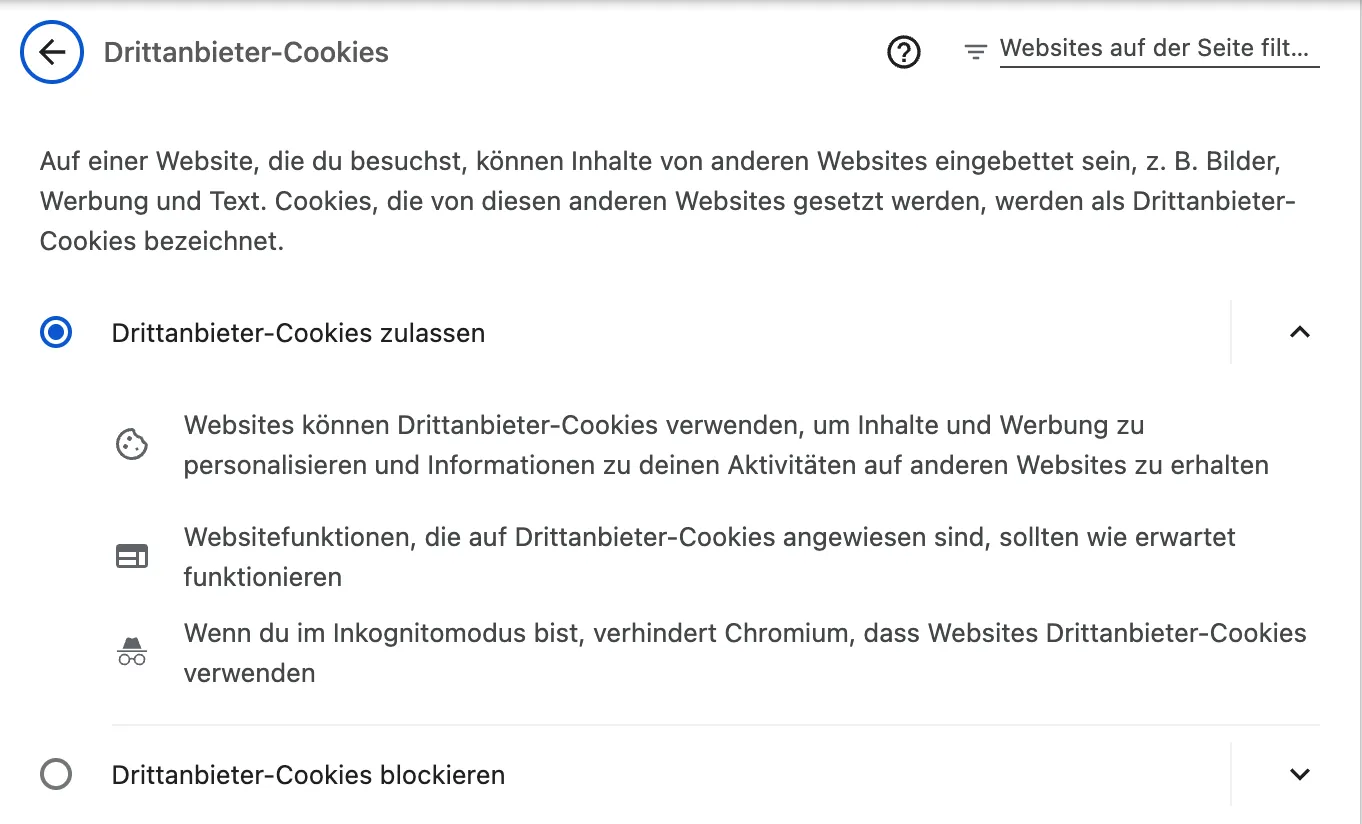 Chrome-Einstellungen, Drittanbieter-Cookies: „Drittanbieter-Cookies zulassen“ ist ausgewählt