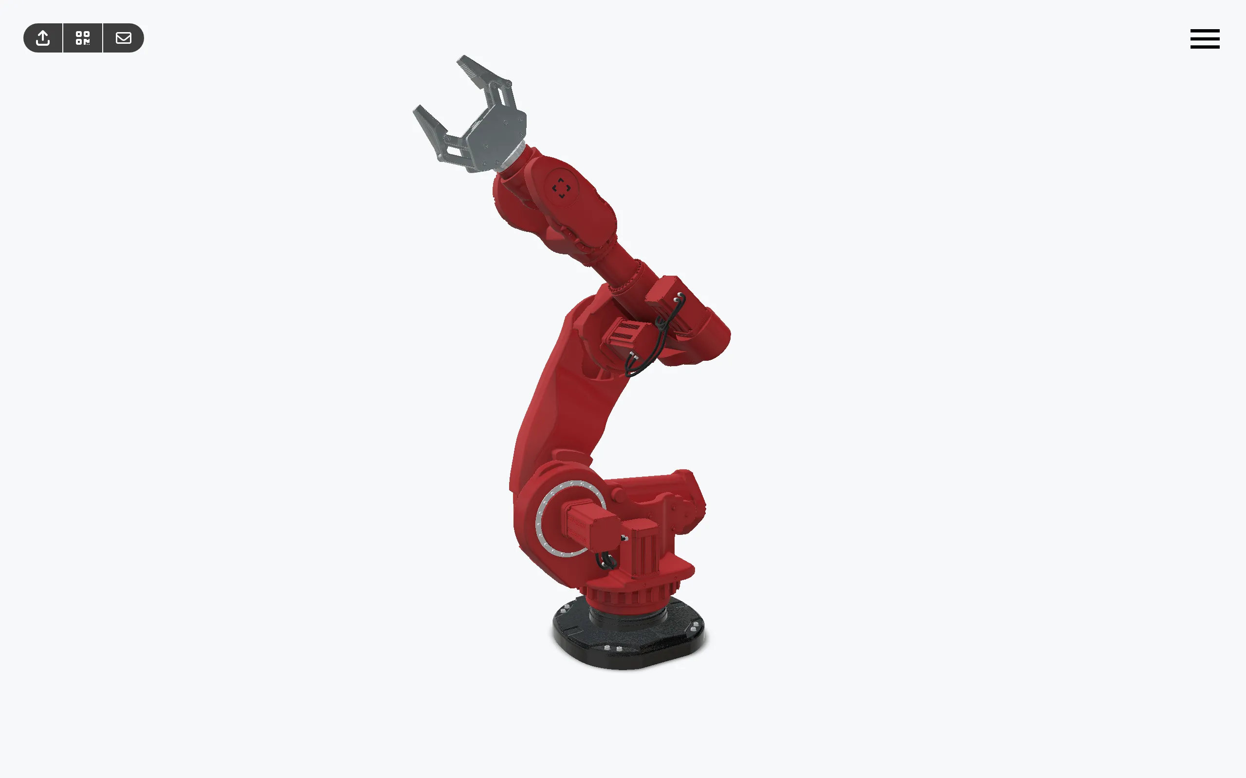 Eine Vuframe® Freigabeseite im Browser: die 3D-Roboter-Demo mit den Schaltflächen zum Teilen, zum Anzeigen eines QR-Codes und zum Senden per E-Mail